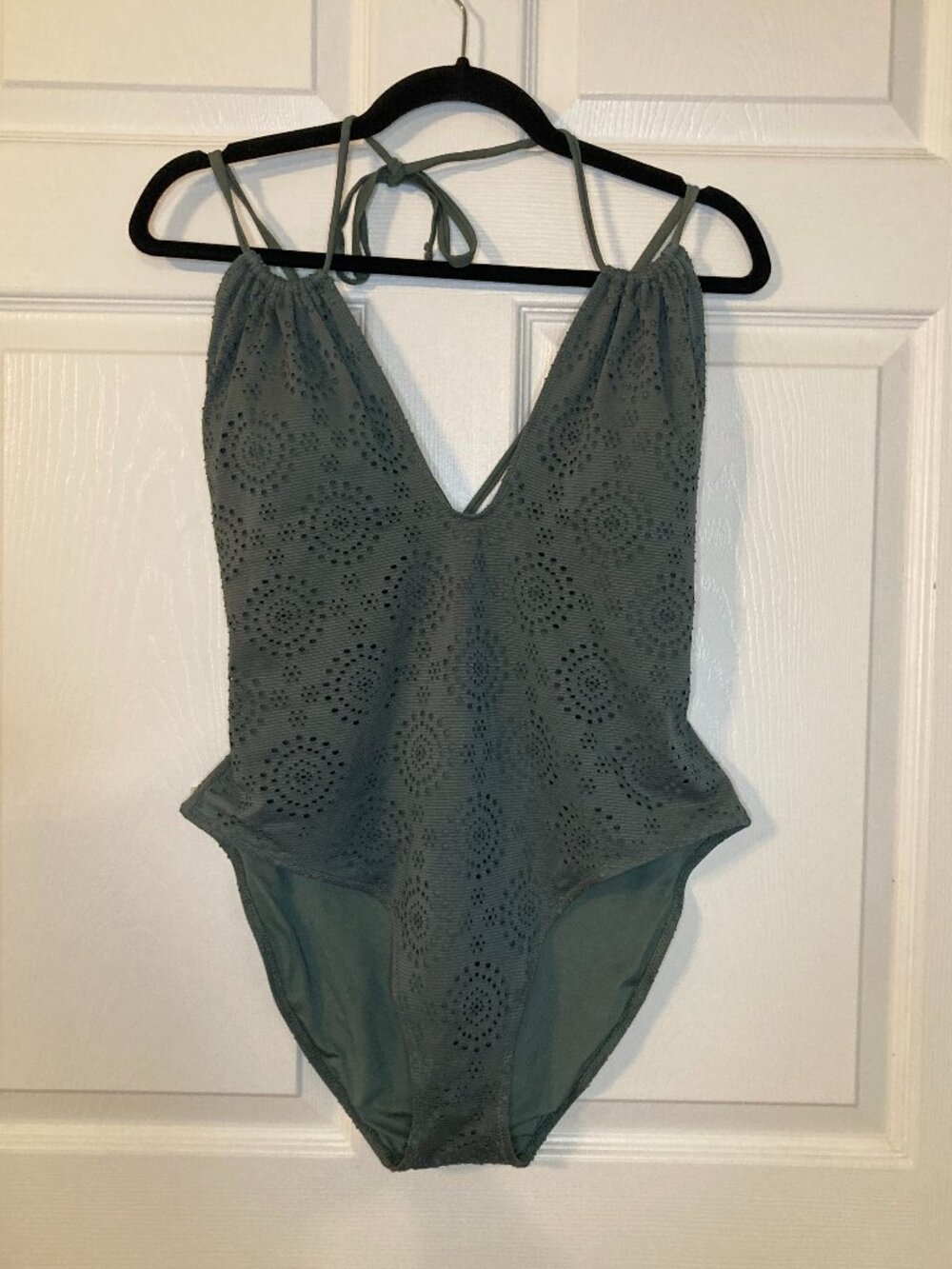 Aerie Women's Olive Green Eyelet One-Piece Halter Tie Swimsuit - Size XL